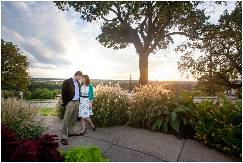 engaged couple at sunset at Libby Hill Park