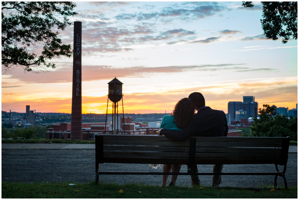 engaged couple at sunset at Libby Hill Park