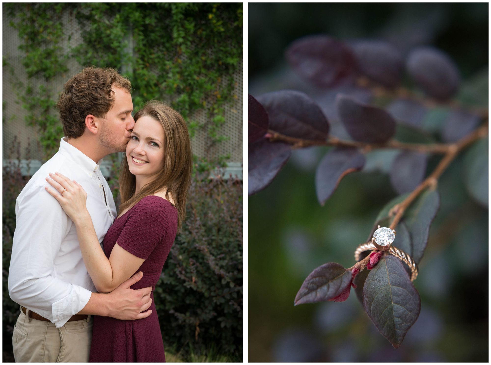 rose gold engagement ring on branch