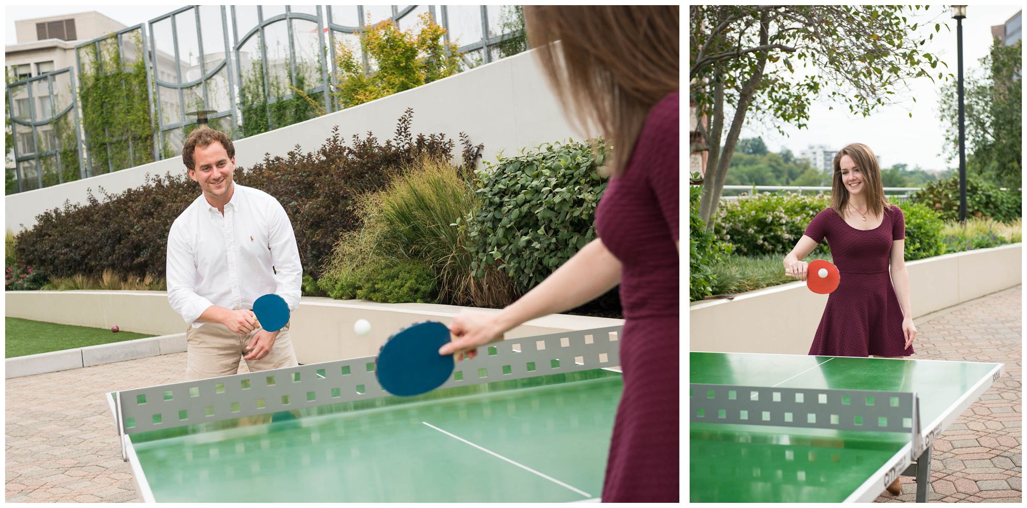 engaged couple playing ping pong in urban park