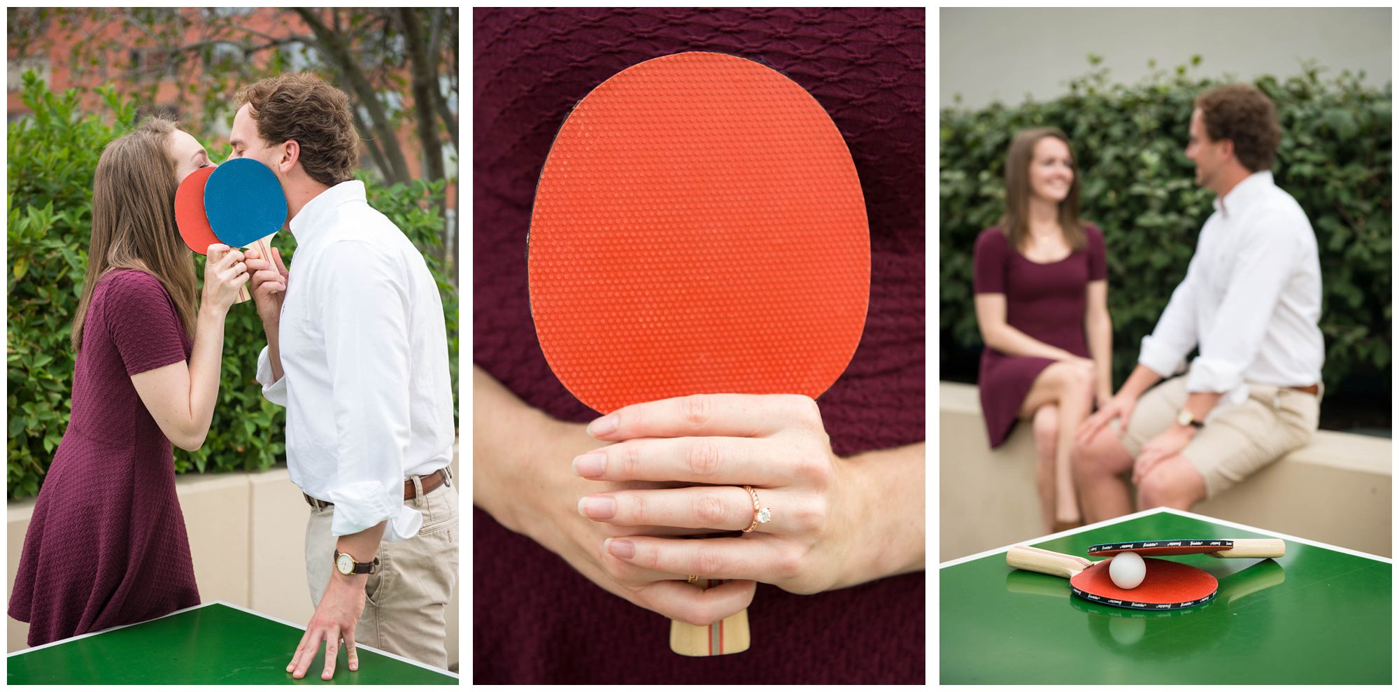 engaged couple playing ping pong in urban park