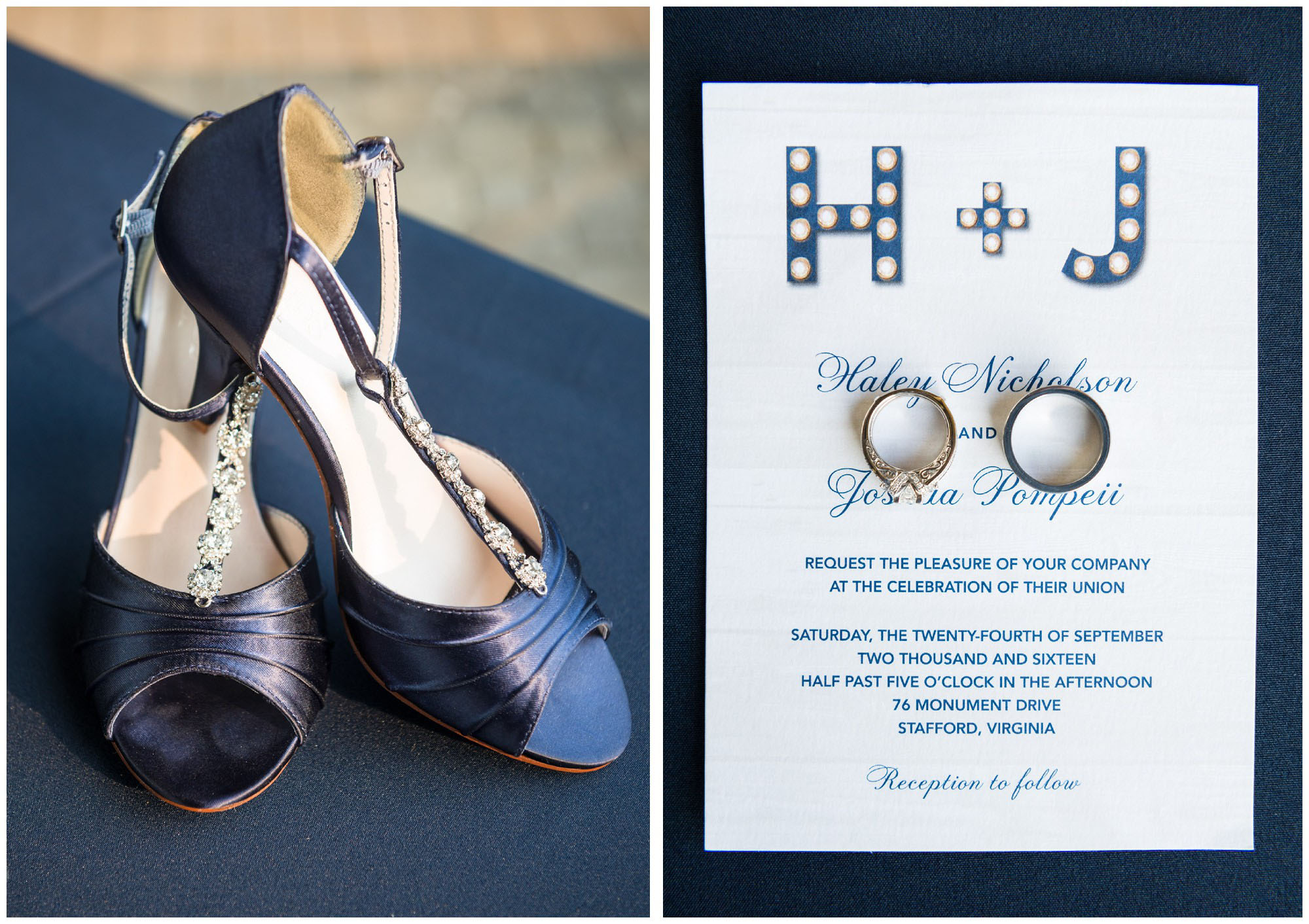 blue bride's shoes and invitation with wedding rings