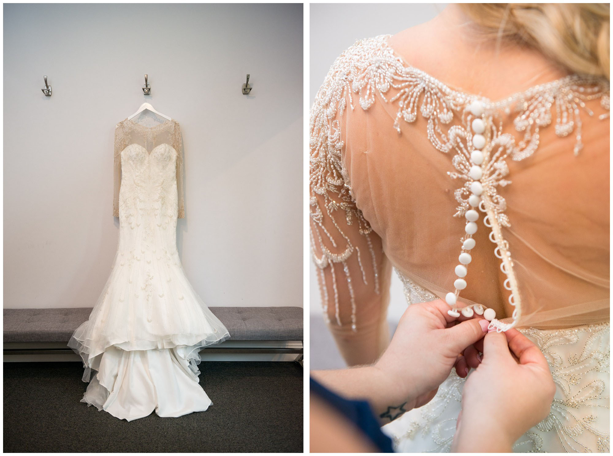 wedding dress with sheer sleeves, beading and buttons