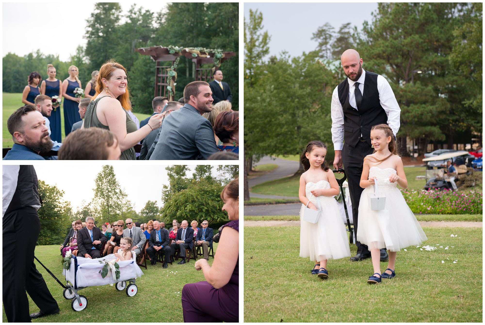 flower girls entering wedding ceremony in wagon