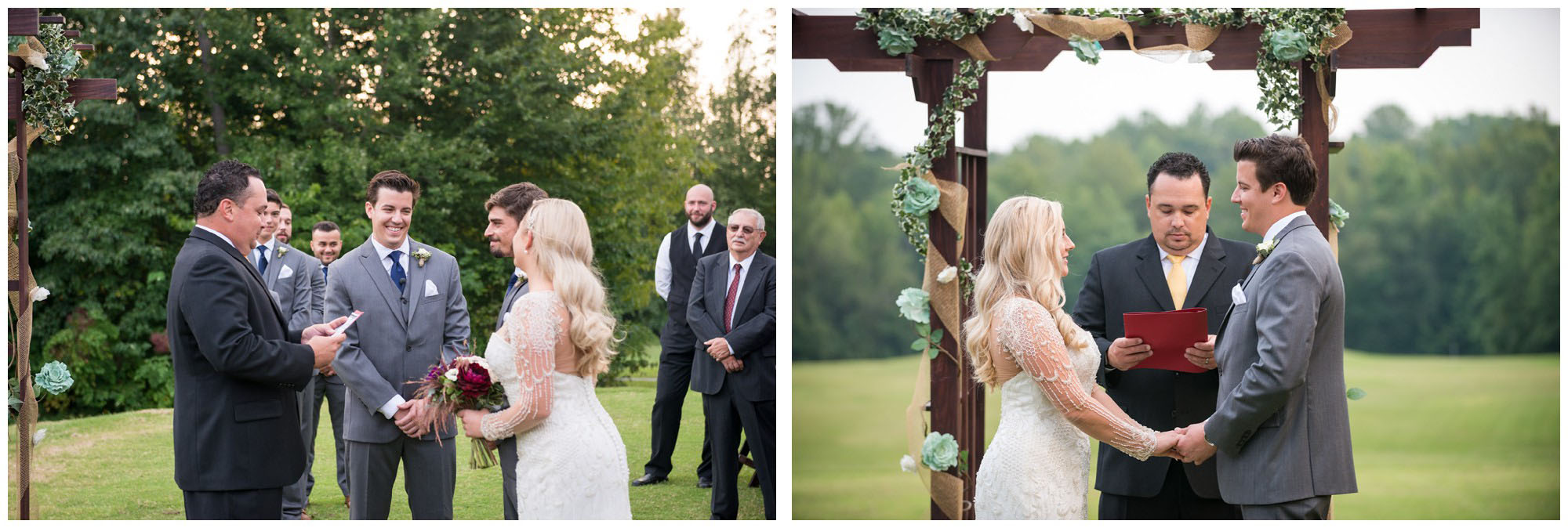 bride and groom smiling during wedding ceremony on golf course