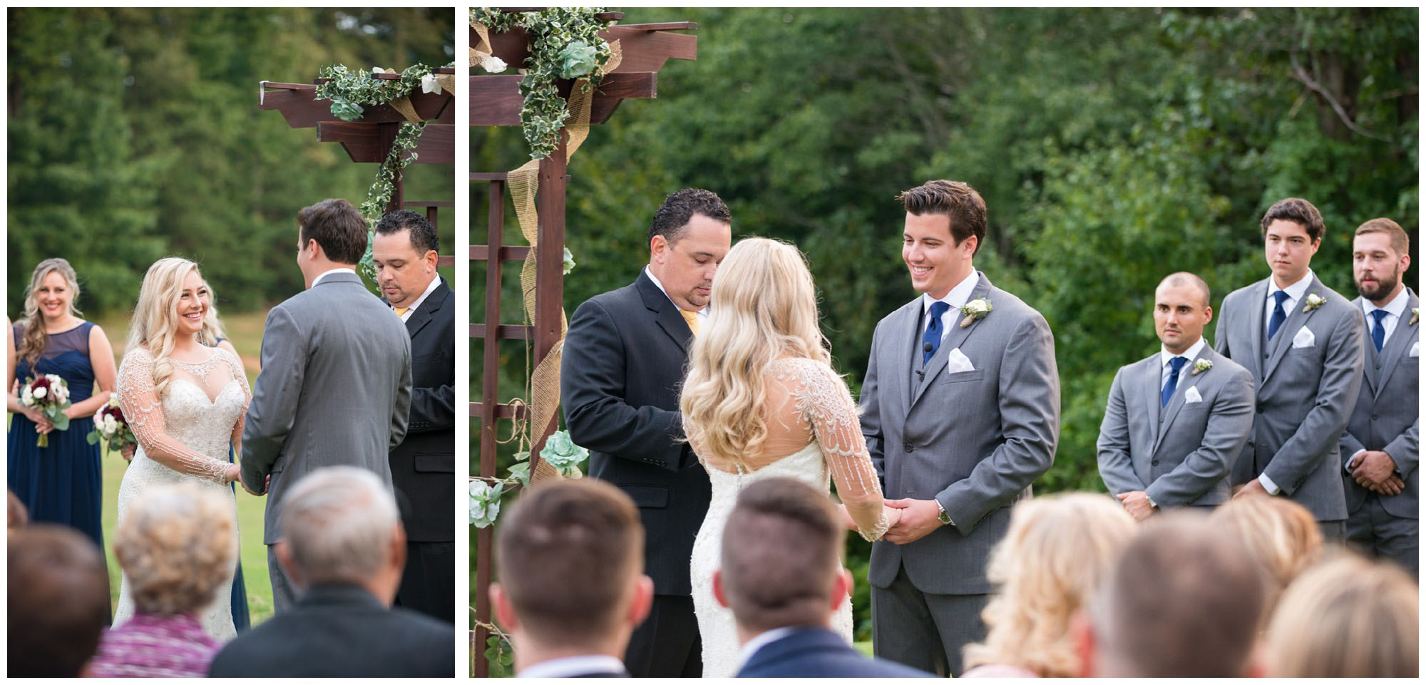 bride and groom smiling during wedding ceremony on golf course