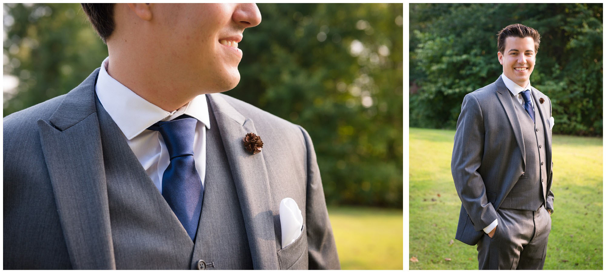 portraits of groom in grey suit on wedding day