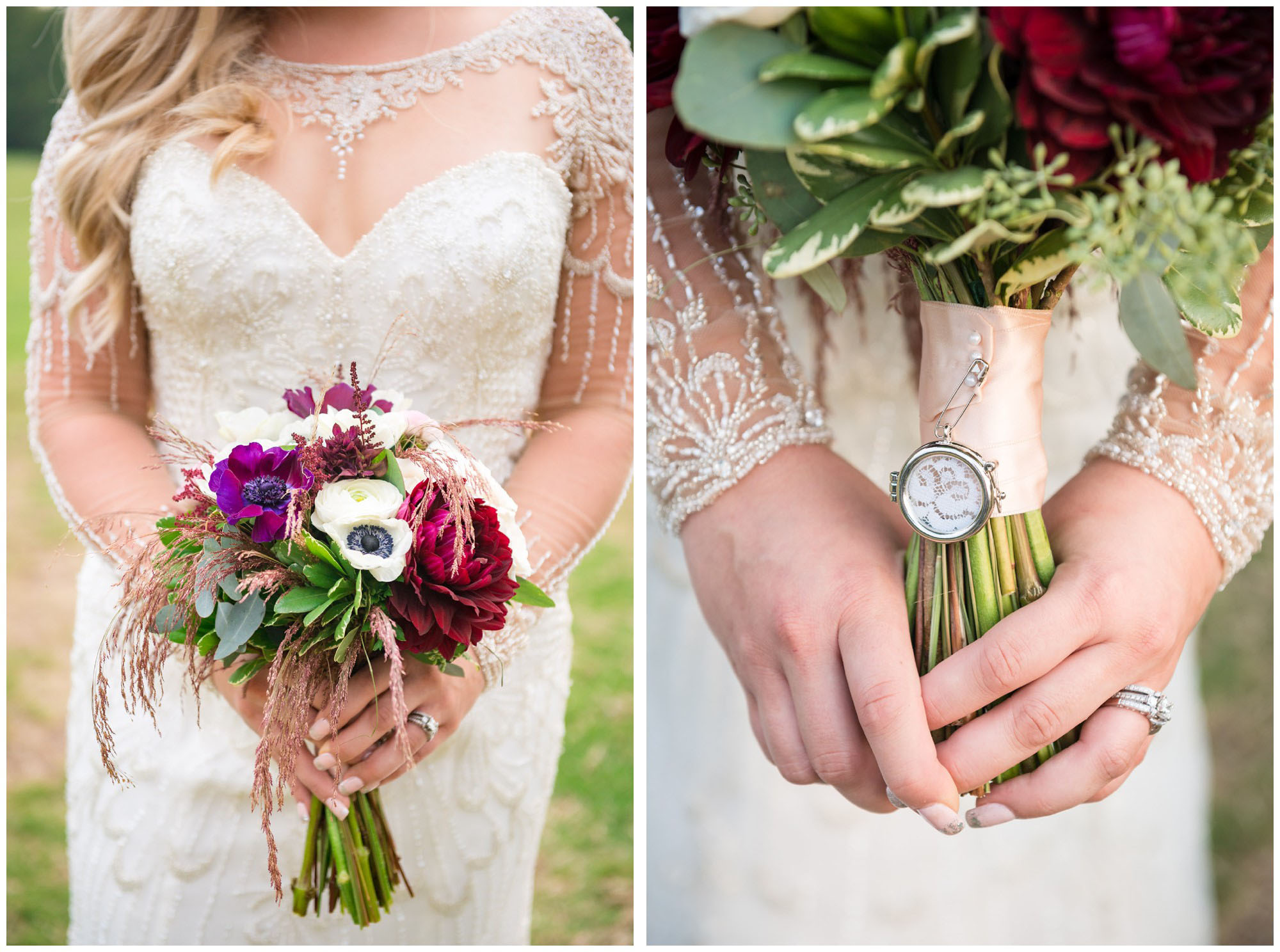 bride's bouquet with locket of mom's wedding dress lace