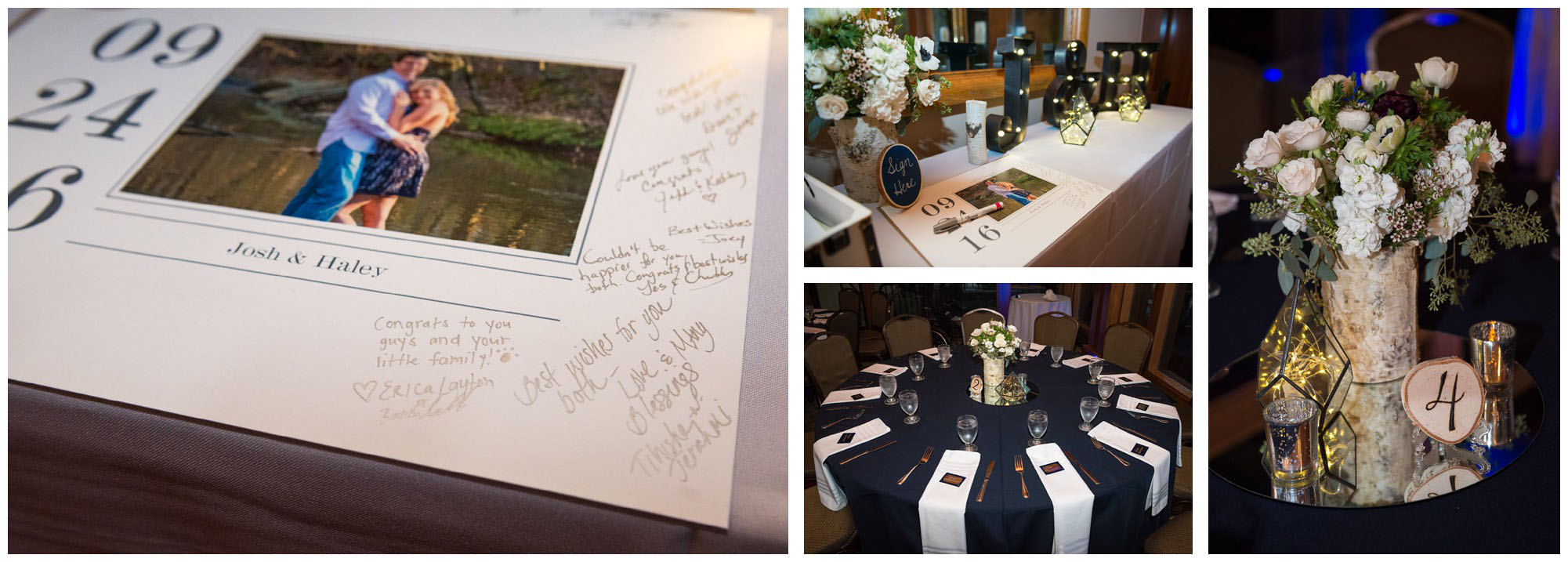 blue and silver ceremony decor with wooden and mirrored accents