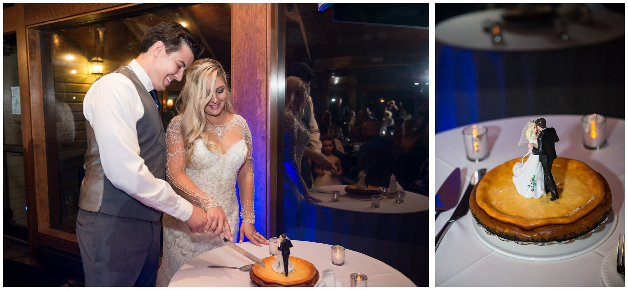 bride and groom cutting cheesecake wedding cake