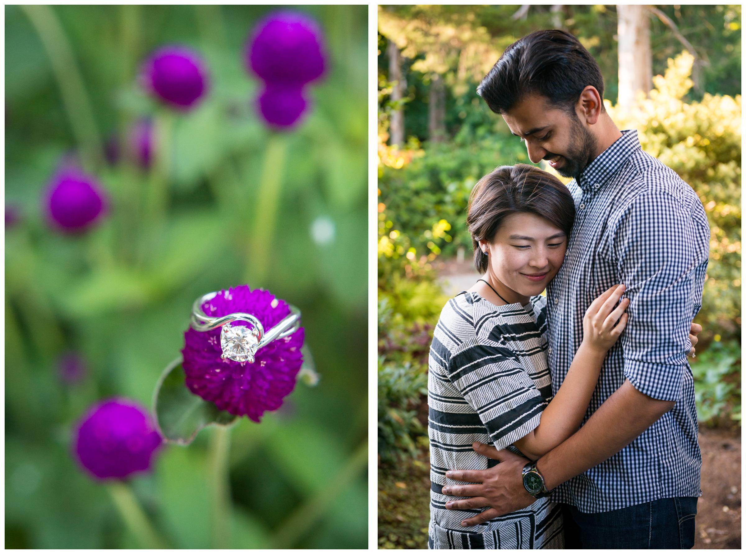 engaged couple embracing and closeup of ring on flower