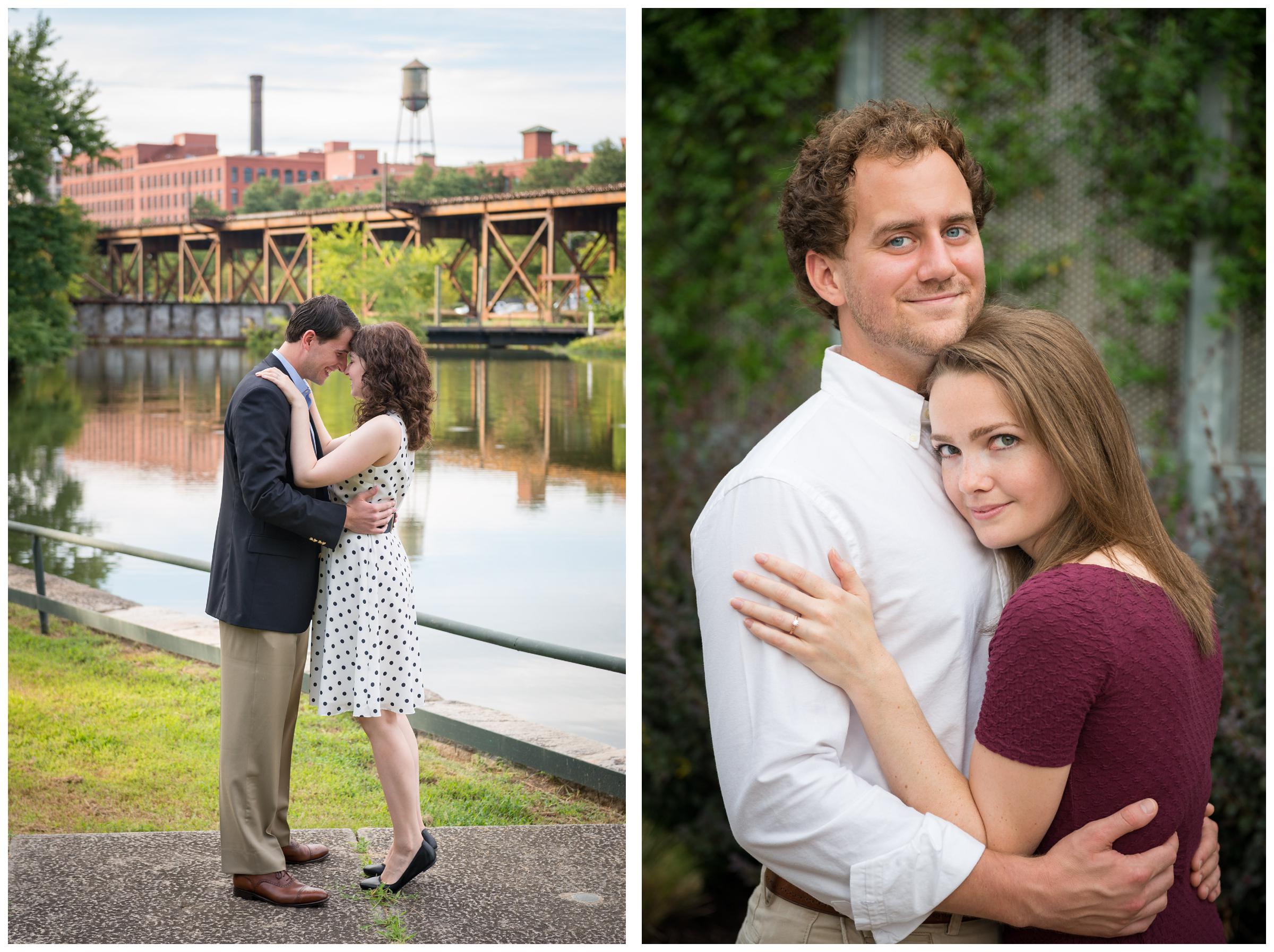 engaged couple by river in Richmond Virginia