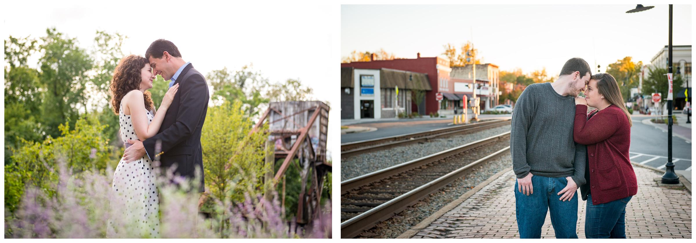 engaged couple near lavender field and railroad tracks