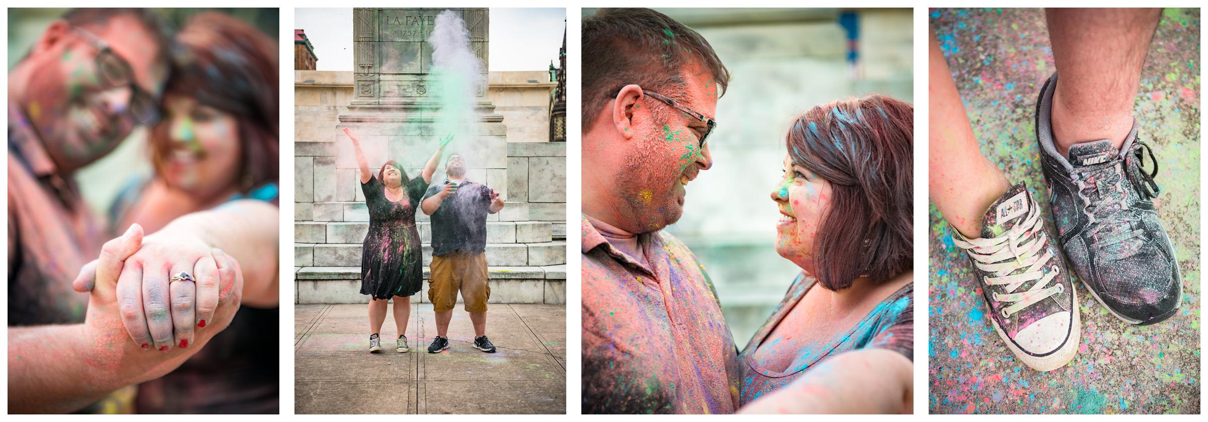 engaged couple playing with colored powder paint