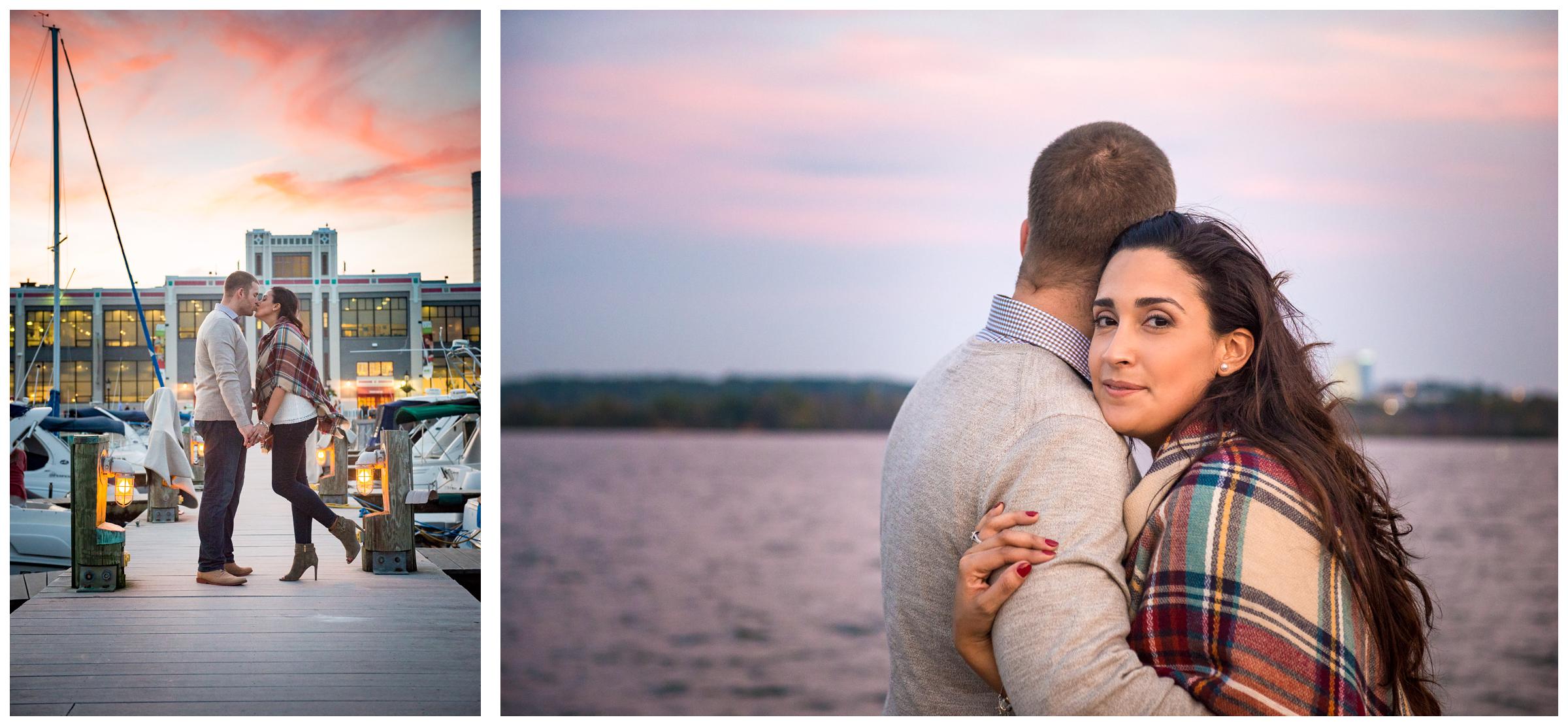 engaged couple at Alexandria Virginia waterfront at sunset