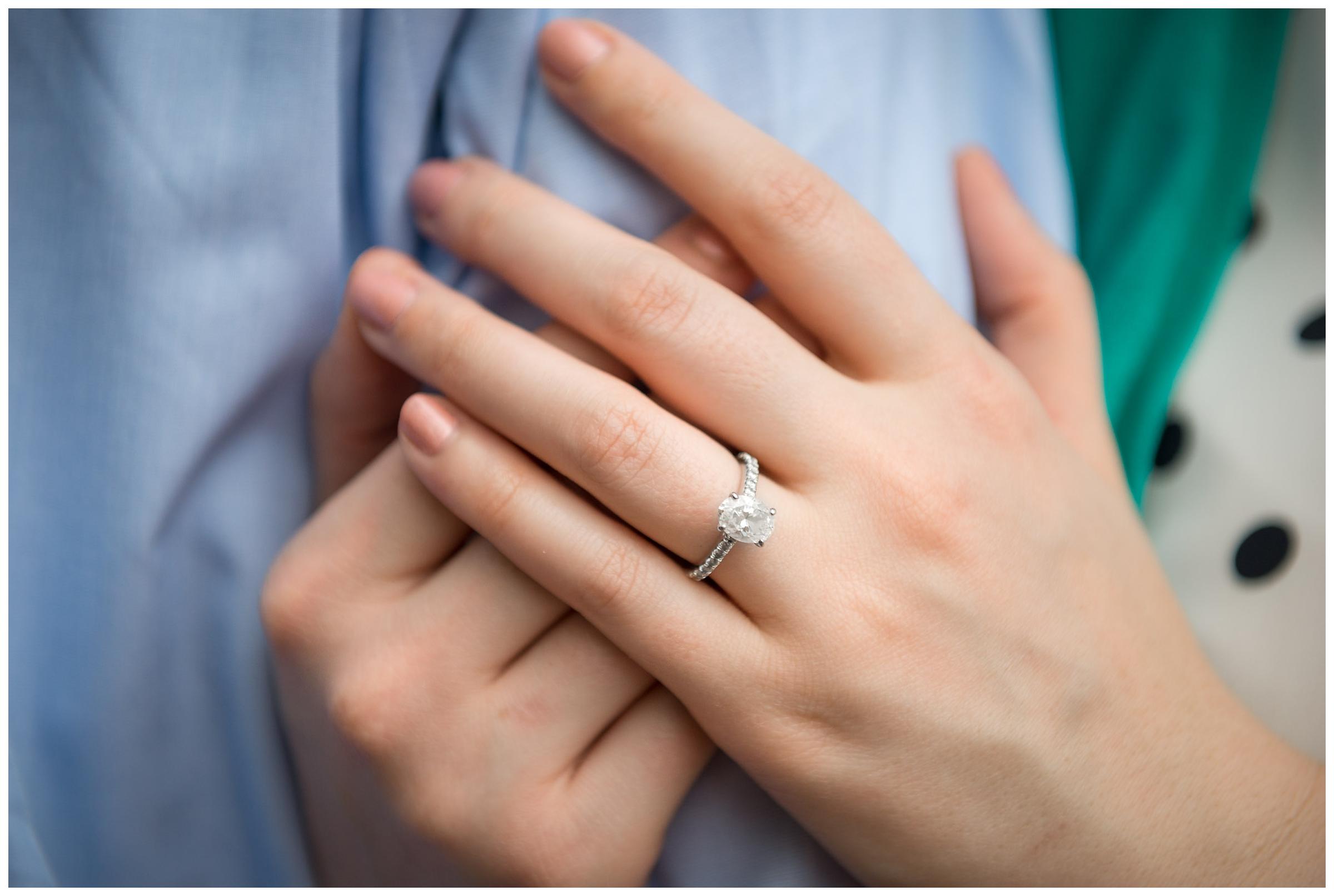 closeup of engagement ring on finger