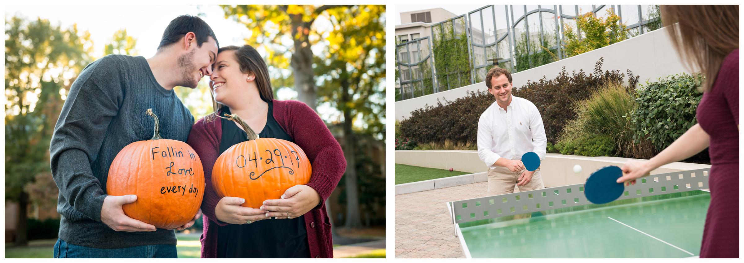 engaged couples playing ping pong and holding pumpkins