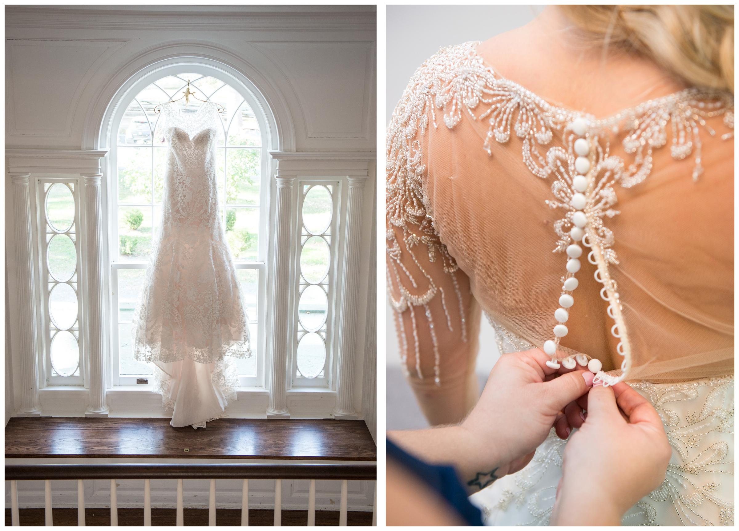 bride putting on wedding dress