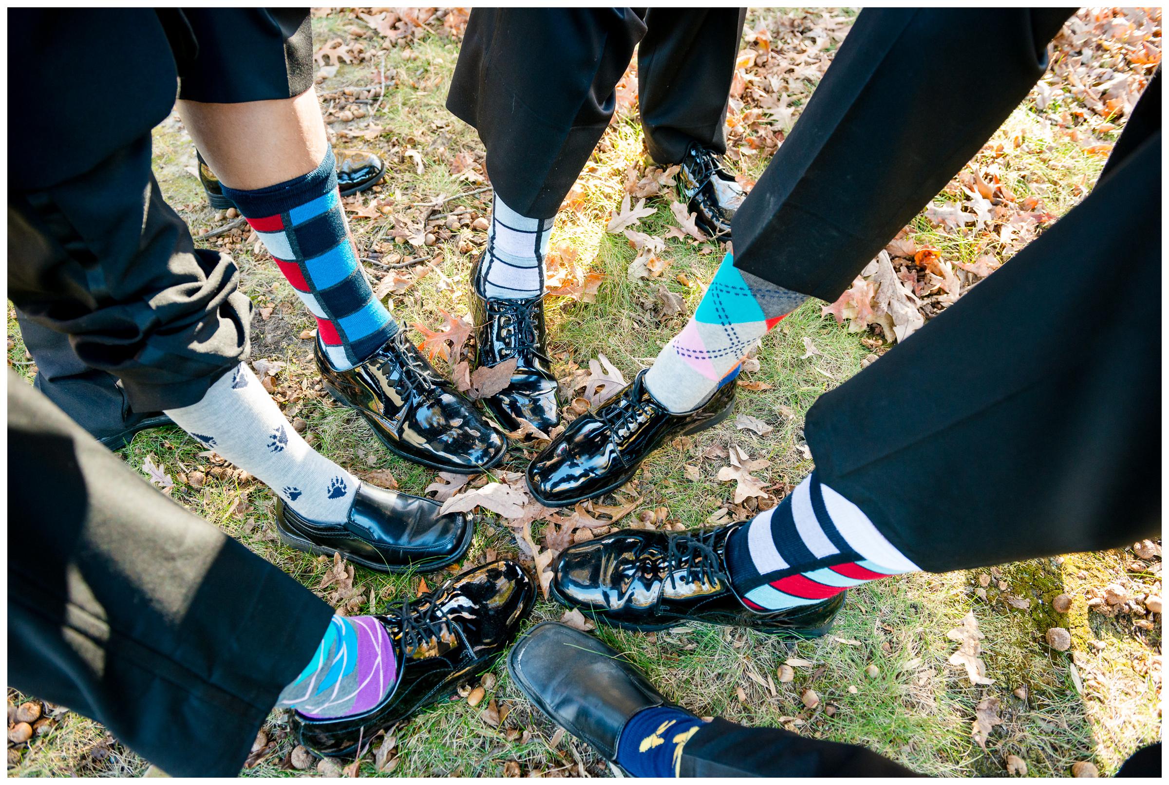 detail of groomsmen's patterned socks