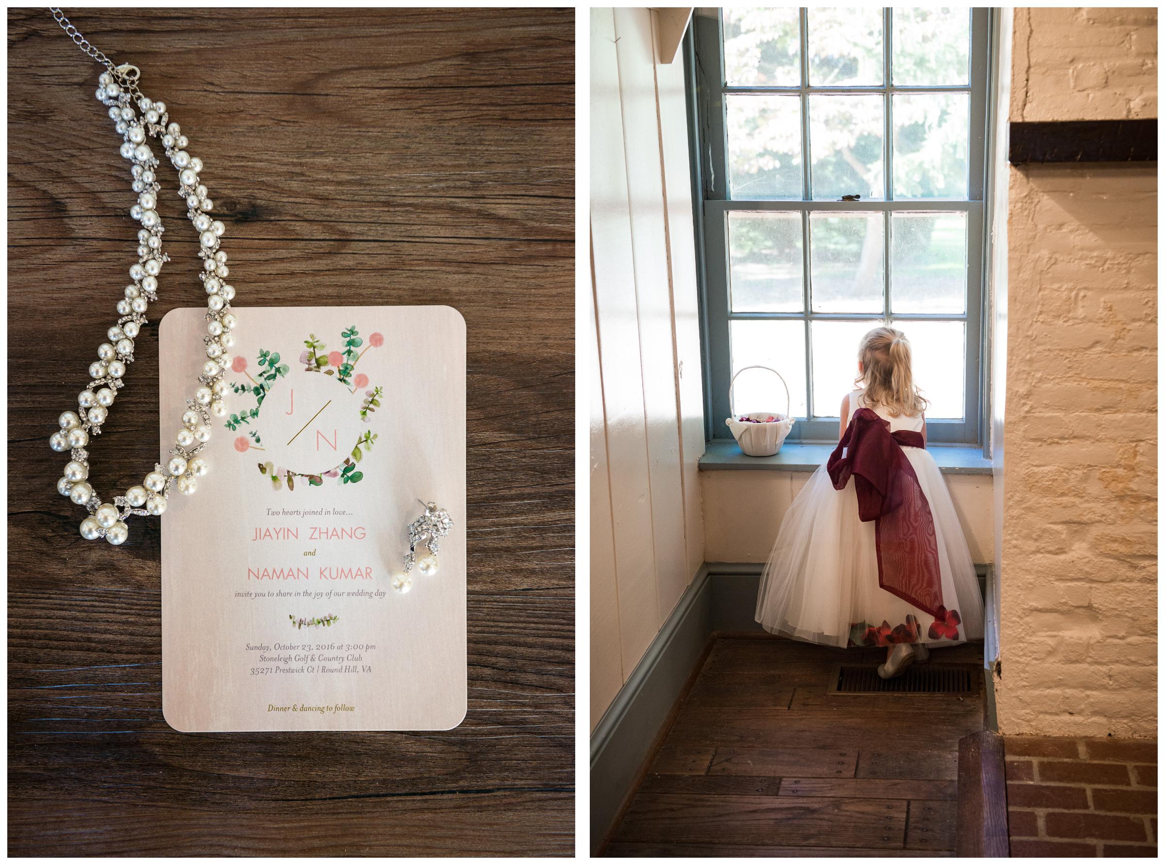 wedding jewelry and invitation, and flower girl