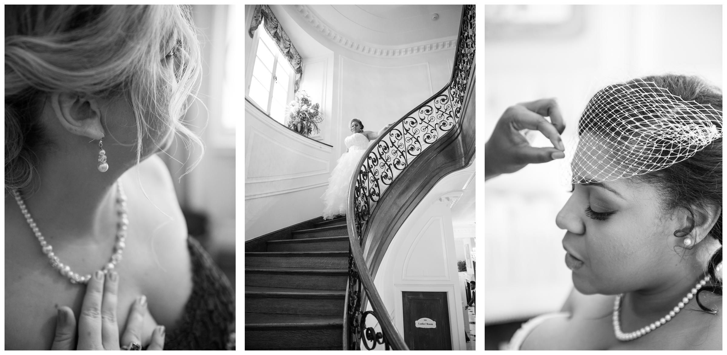 bride getting dressed and walking down staircase