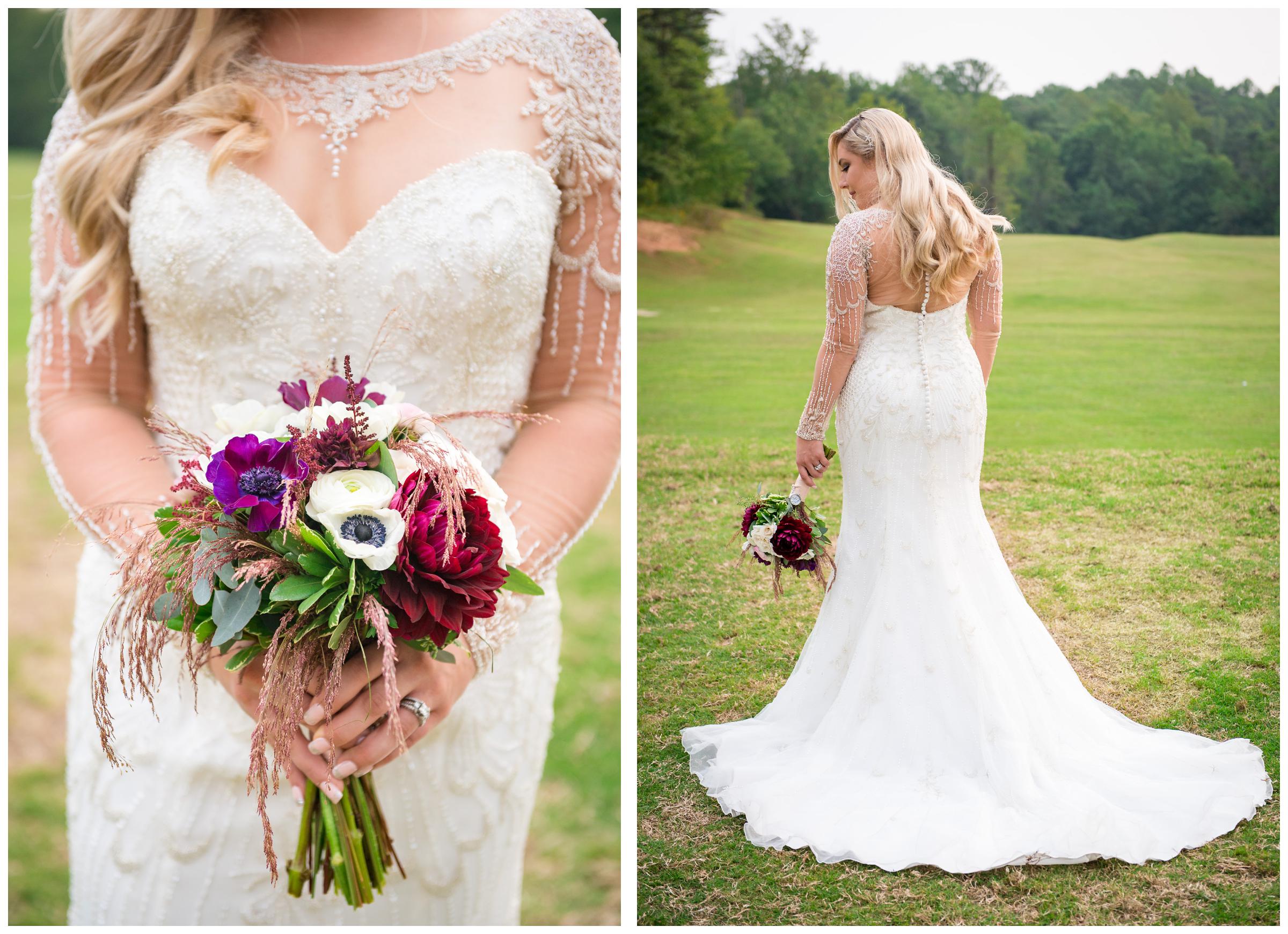 beaded wedding gown with sheer sleeves and bouquet