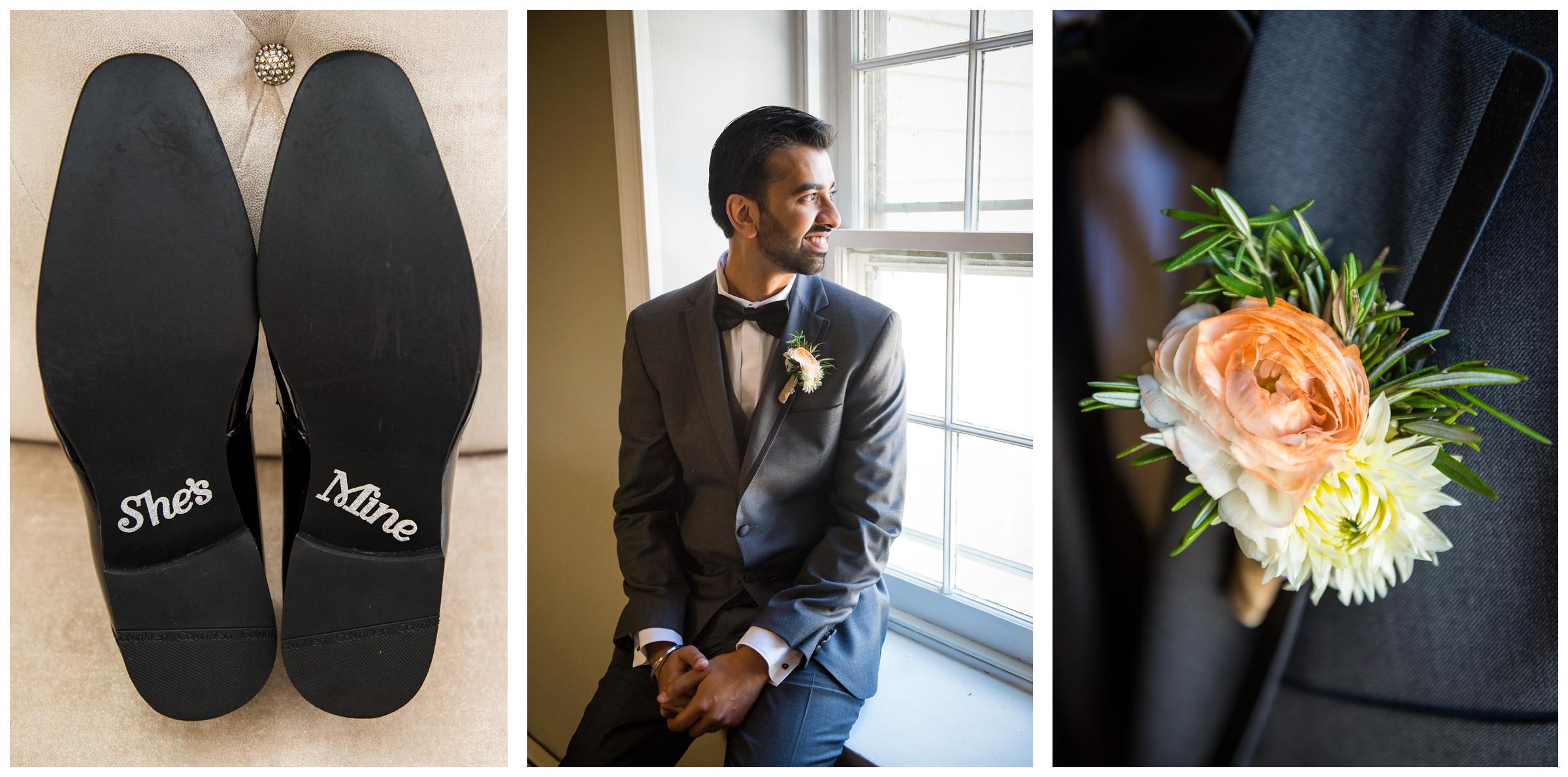 groom waiting for wedding ceremony with shoes and boutonniere 