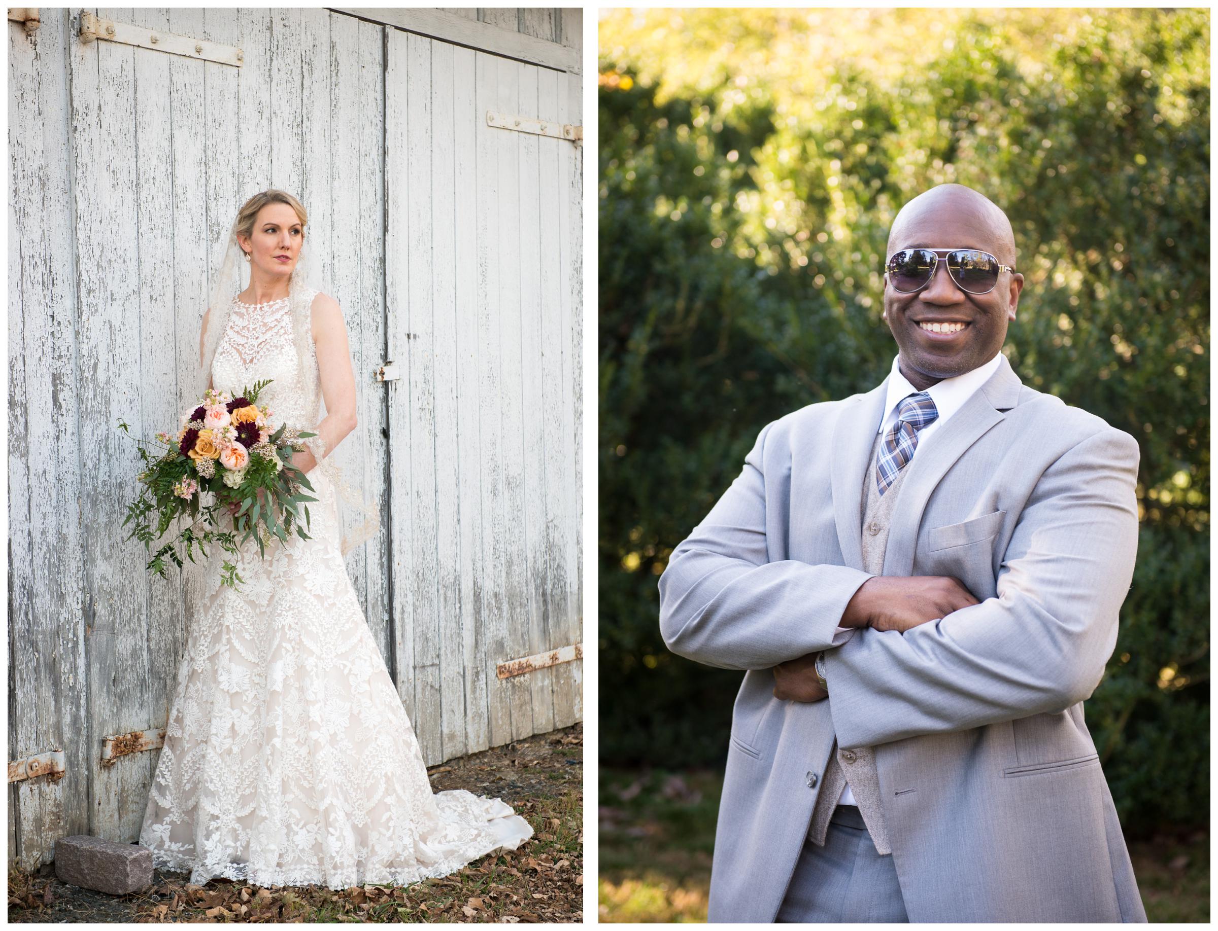 bride in lace gown and groom in grey suit wearing sunglasses