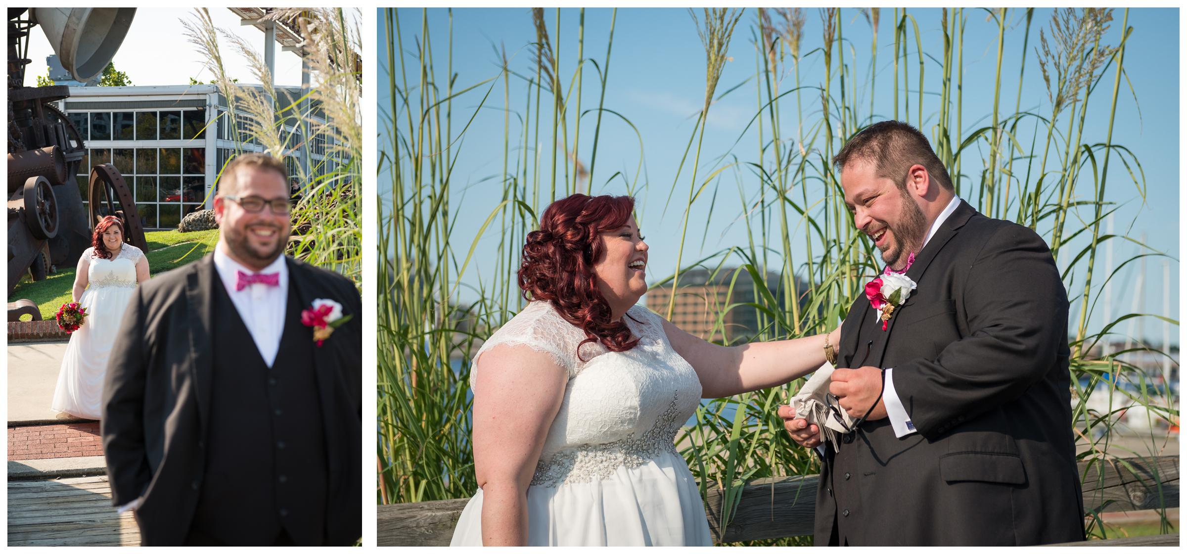 bride and groom showing emotion during first look at Baltimore Museum of Industry