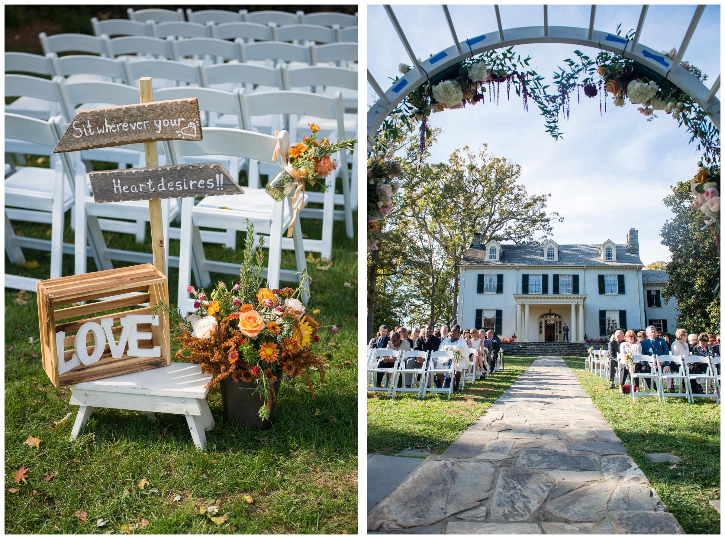 wedding ceremony setups at Stoneleigh Golf and Country Club and Rust Manor in Leesburg, Virginia