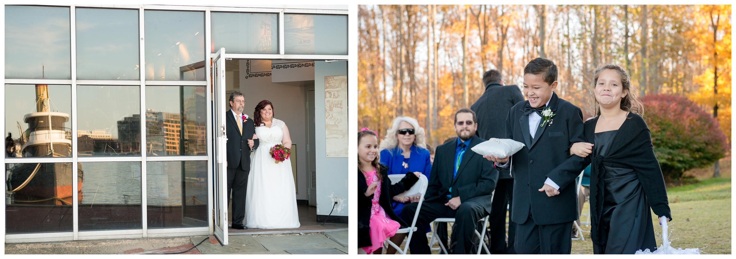 bride and dad, flower girl and ring bearing entering wedding ceremony