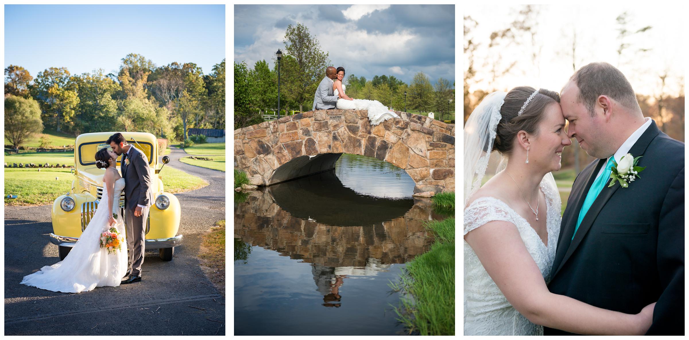 bride and groom portraits with old yellow truck and stone bridge