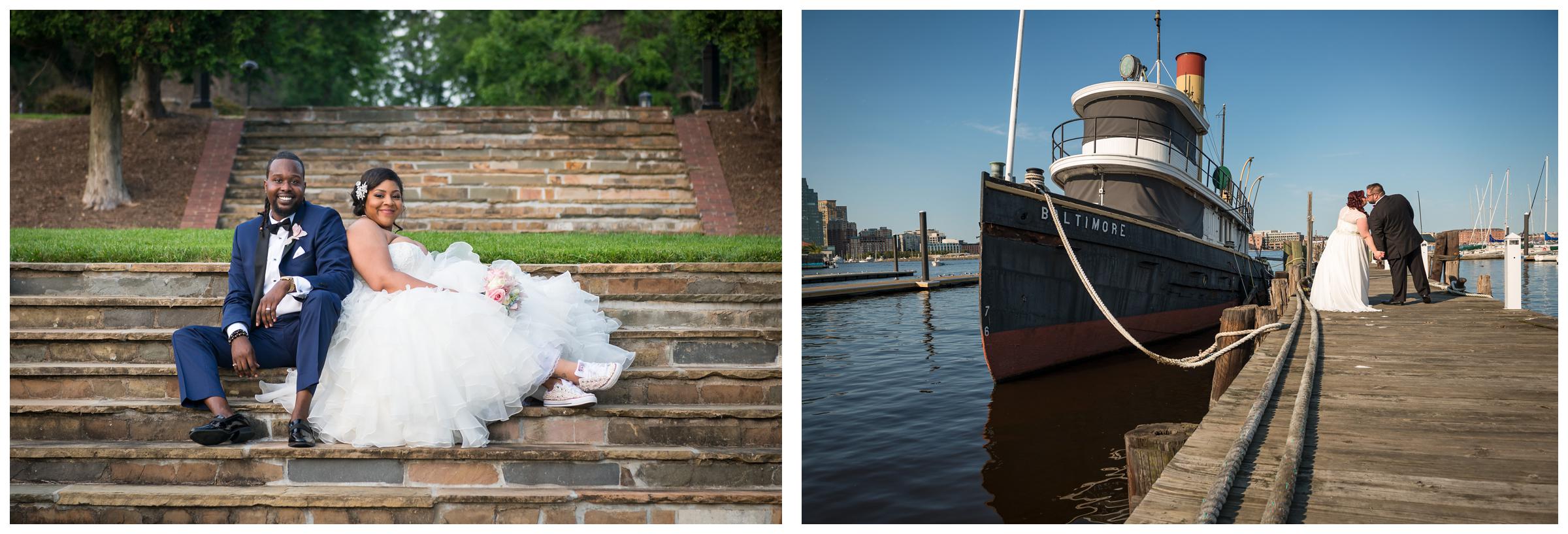 bride and groom portraits at Oxon Hill Manor steps and Baltimore Harbor in Maryland