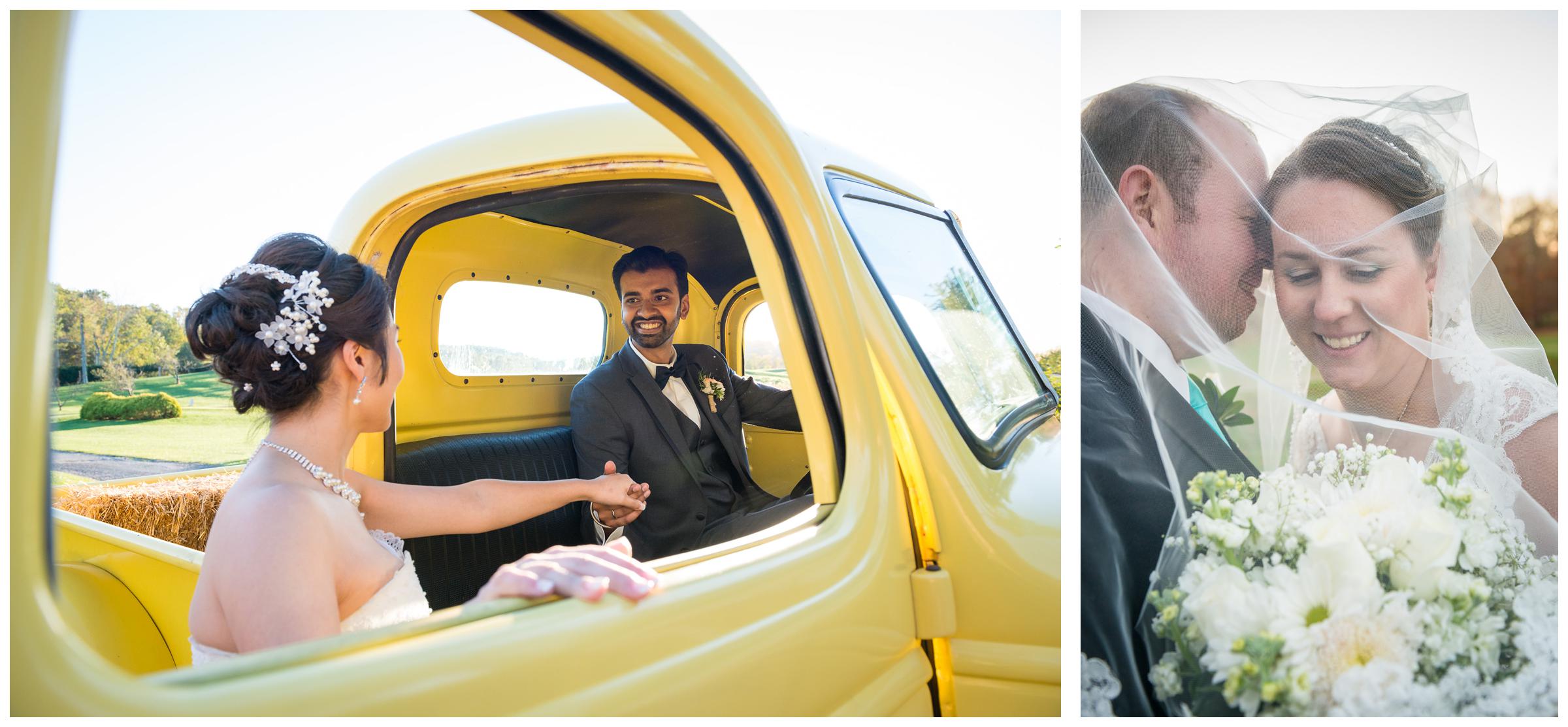 bride and groom with vintage yellow truck and under veil