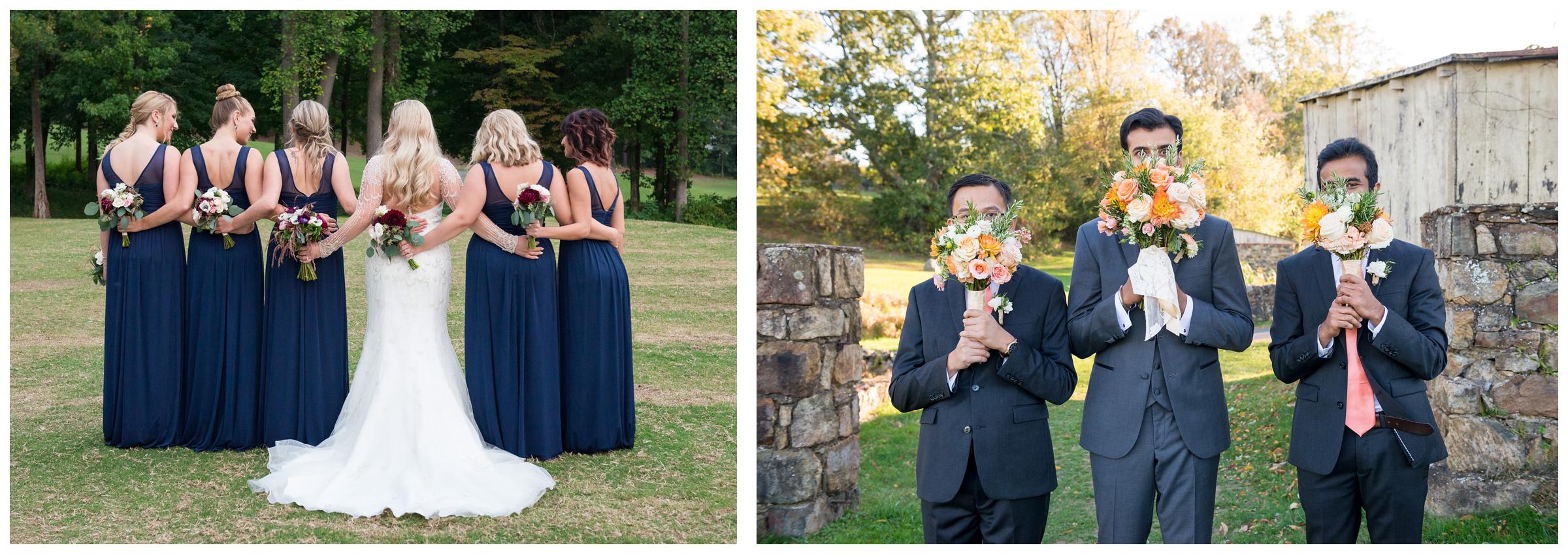 bridesmaids backs with flowers, groomsmen holding bouquets