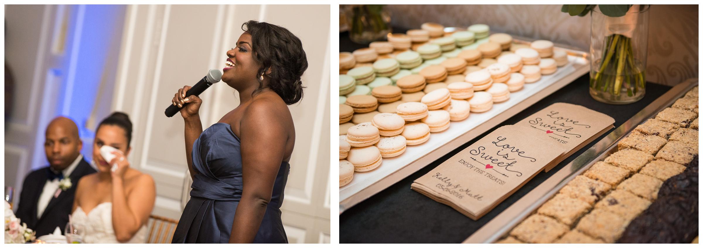 bridesmaid makes emotional toast and detail of macaroons at wedding reception 