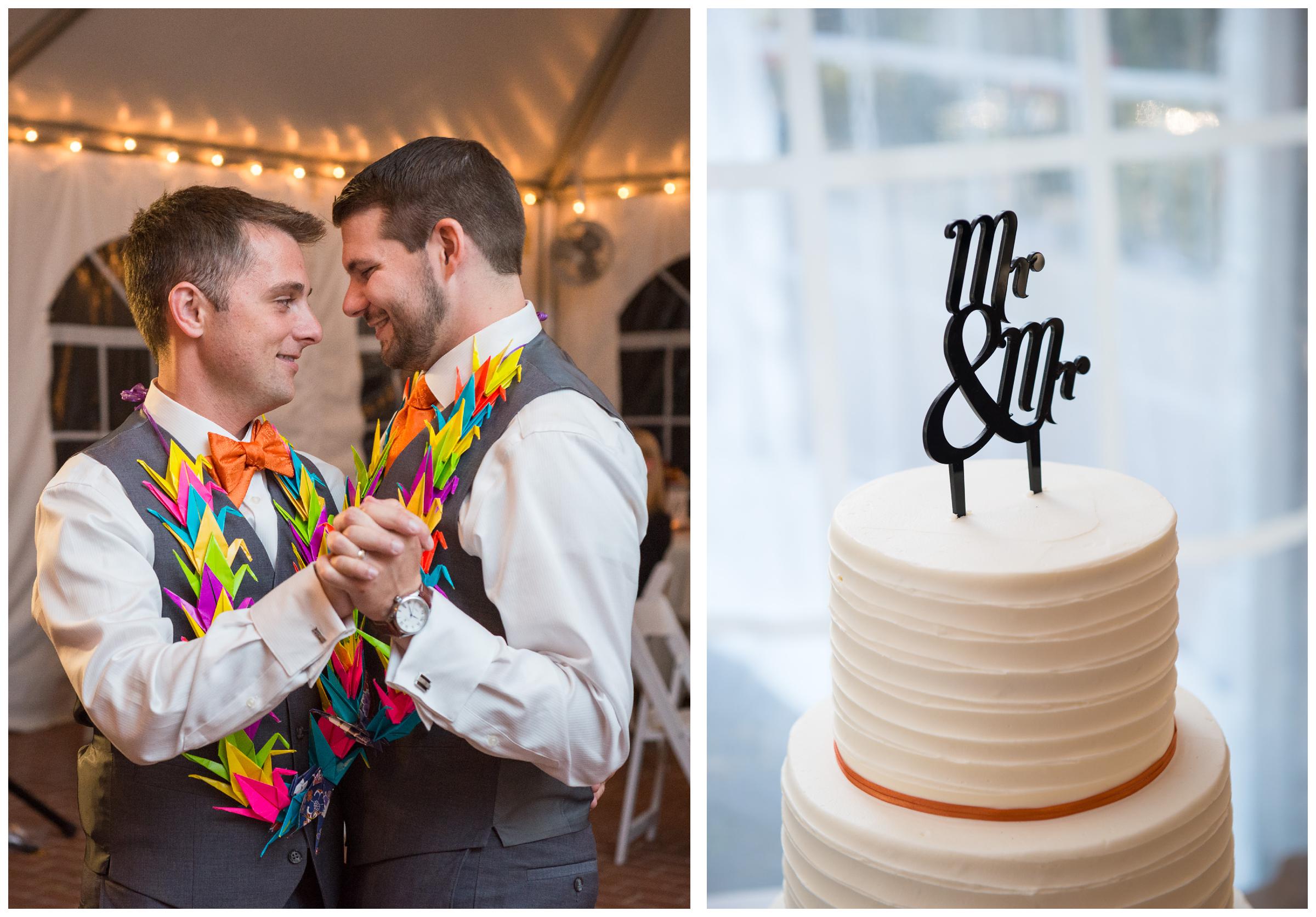 grooms' first dance and cake topper during same-sex wedding reception