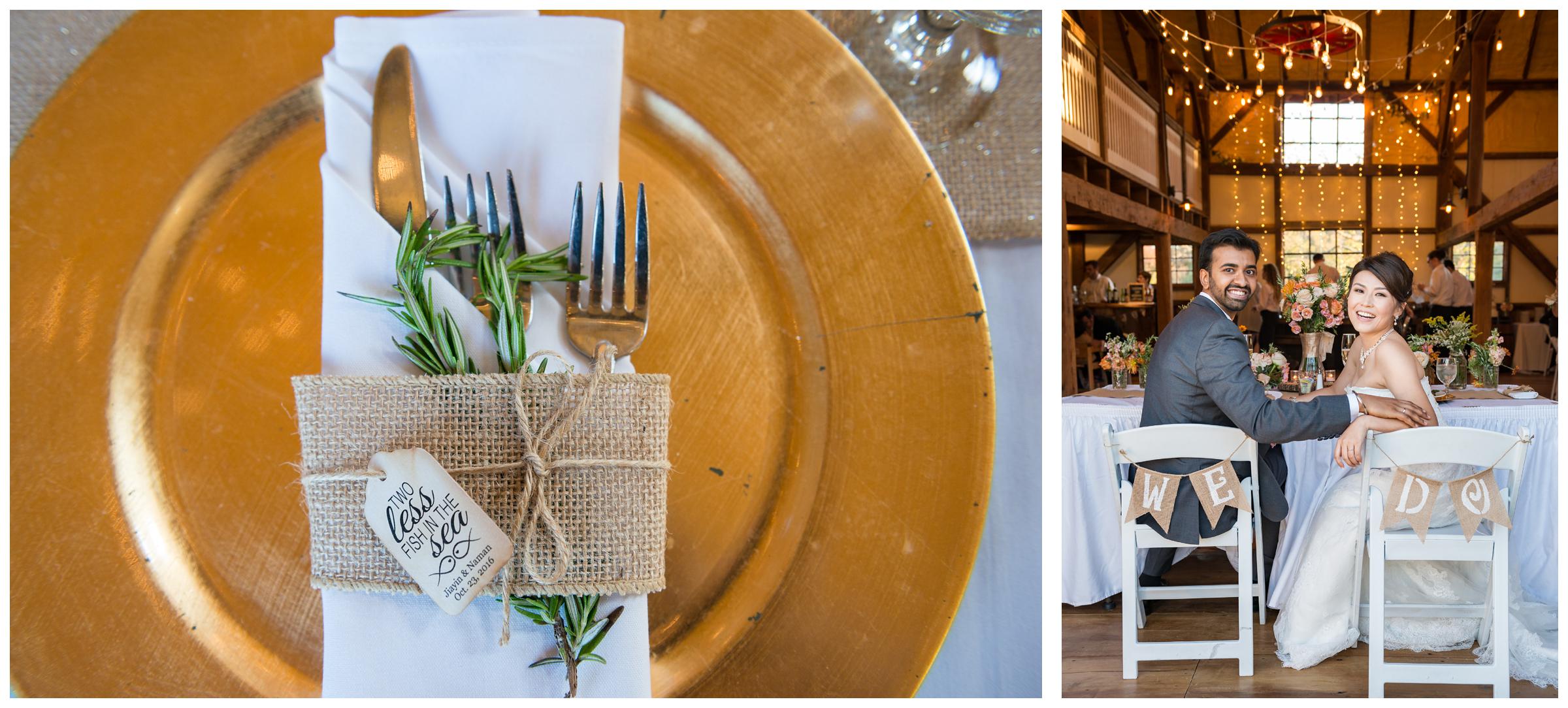 bride and groom with gold decor at rustic barn wedding reception