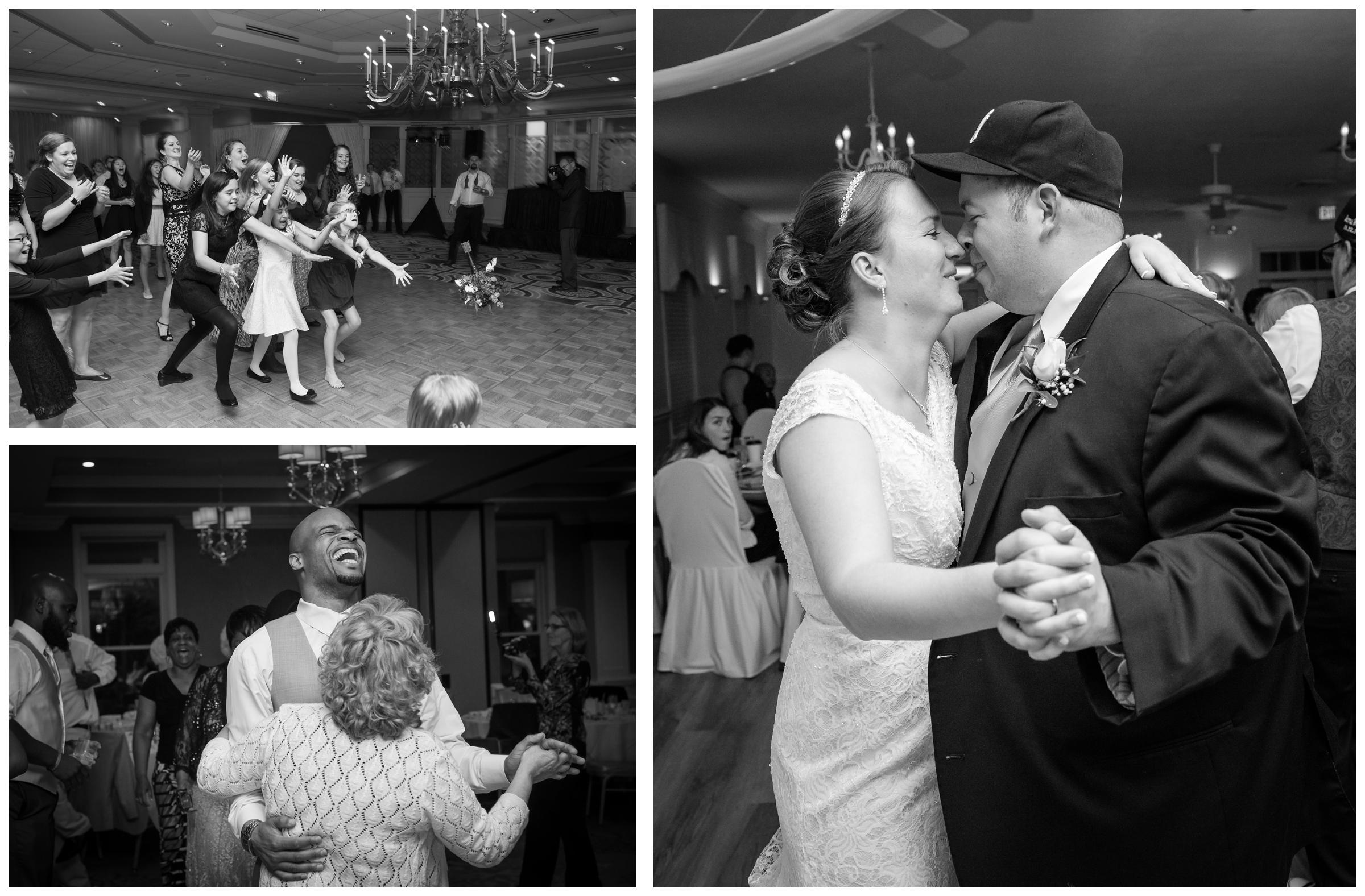 bride and groom dancing and bouquet toss during wedding reception