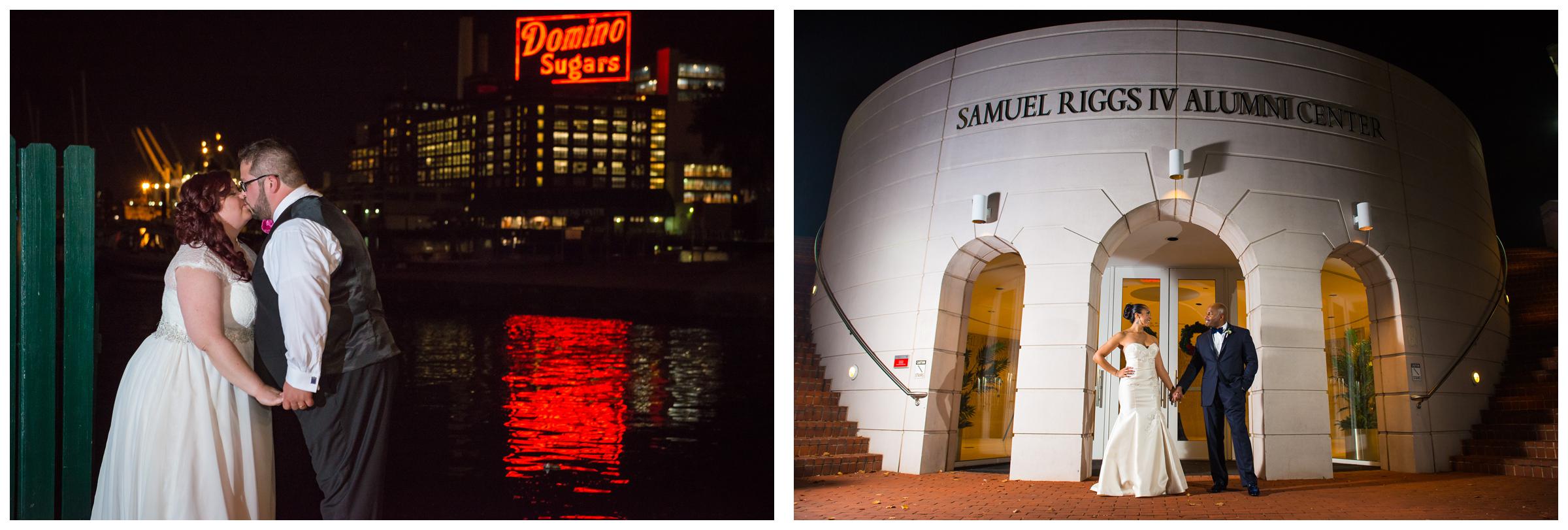 nighttime portraits of bride and groom at University of Maryland and Baltimore Museum of Industry