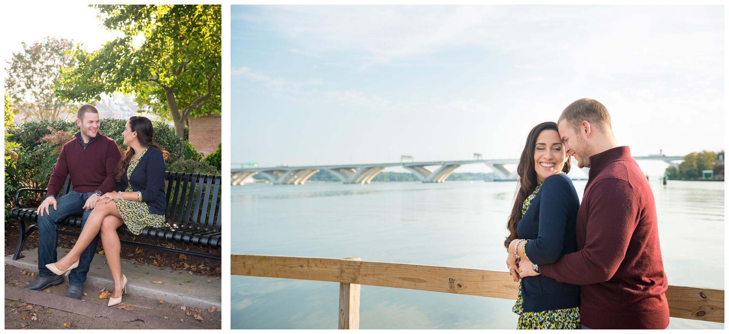 engaged couple on bench and along Potomac River with Woodrow Wilson Memorial Bridge in background