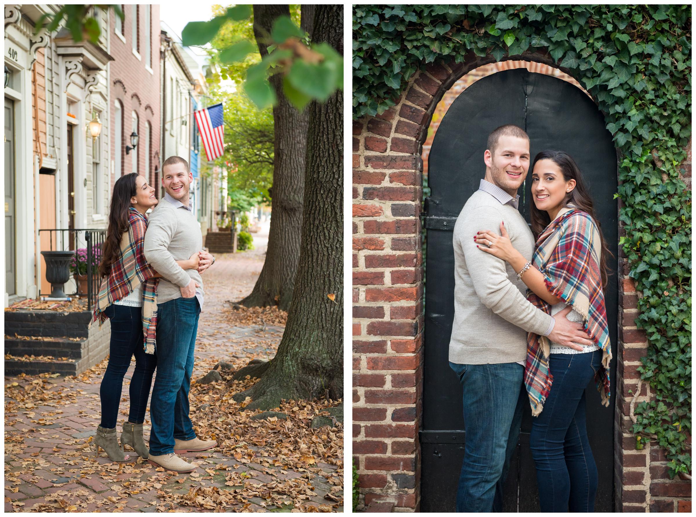 engaged couple on historic street in Old Town Alexandria