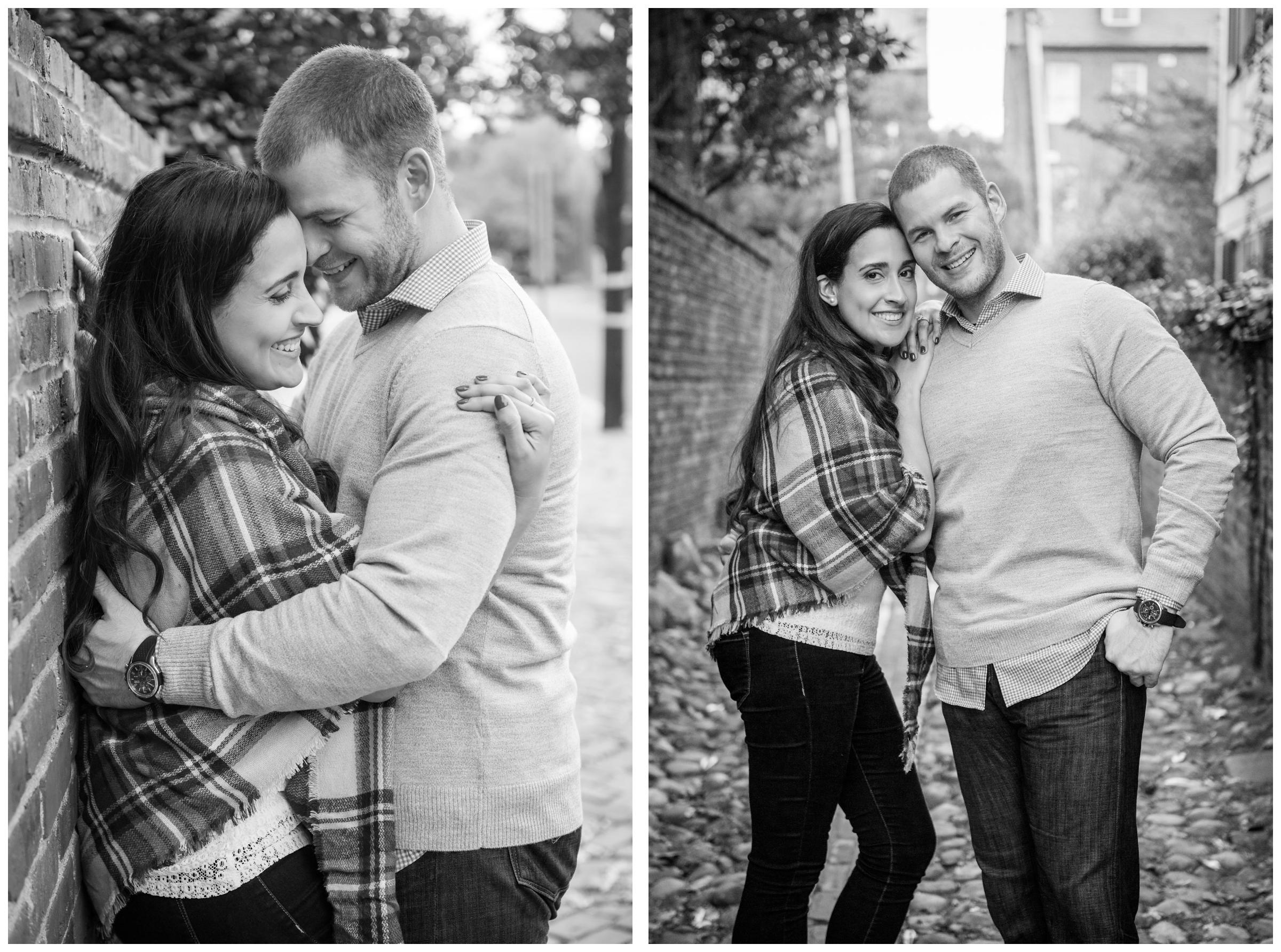 engagement session on cobblestone streets in Old Town Alexandria