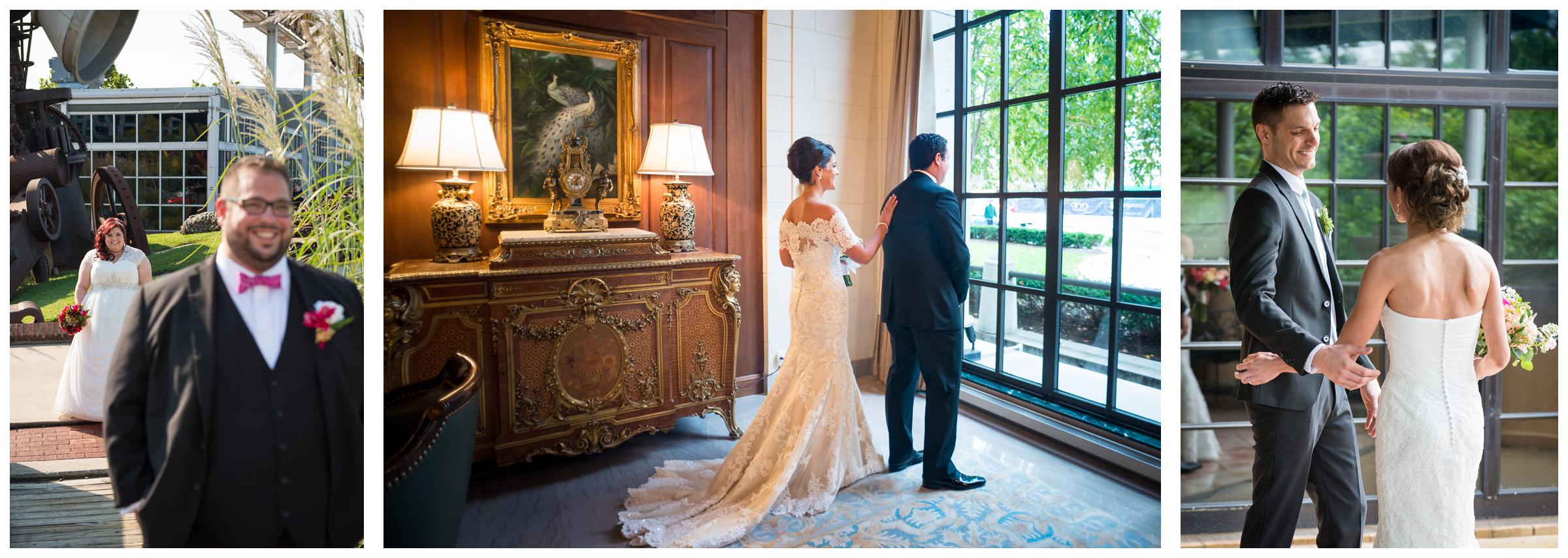 bride and groom doing first look on wedding day