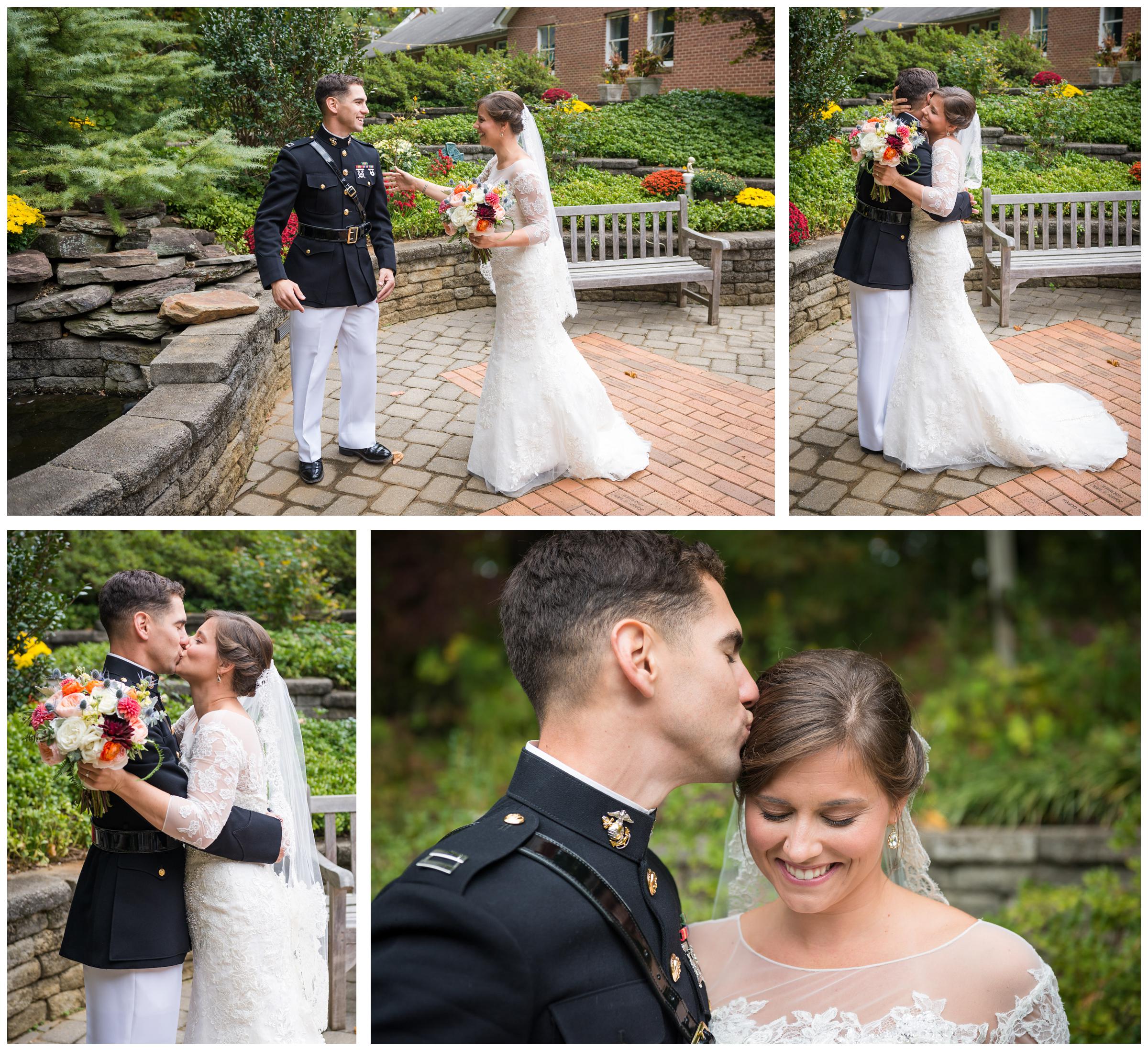 bride and groom doing first look on wedding day