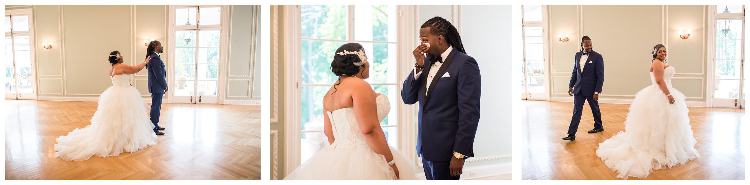 bride and groom doing first look on wedding day