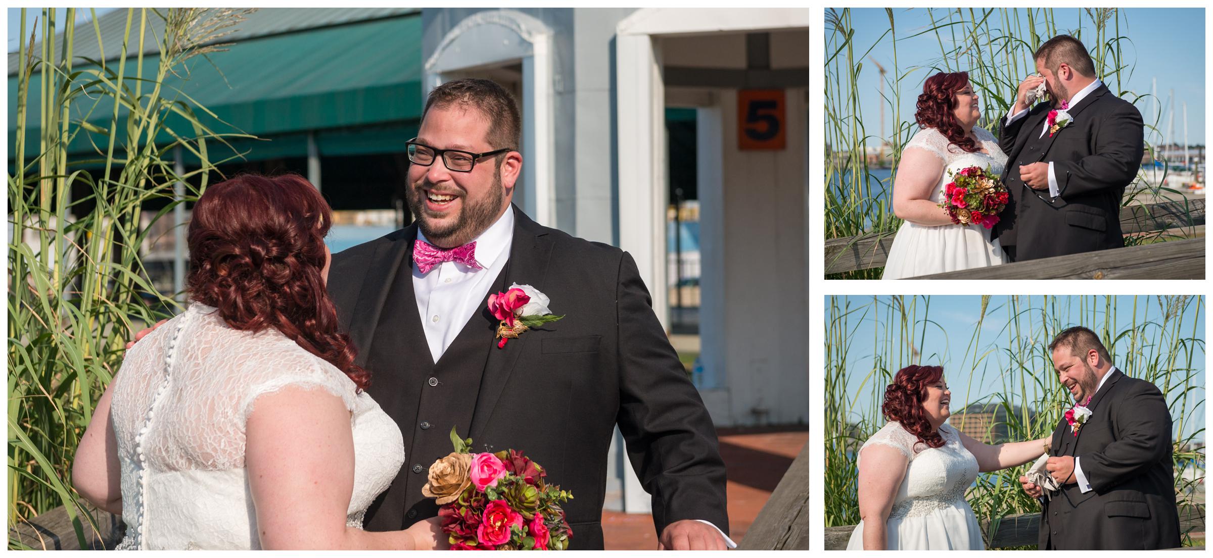 groom reacts to seeing bride during first look on wedding day