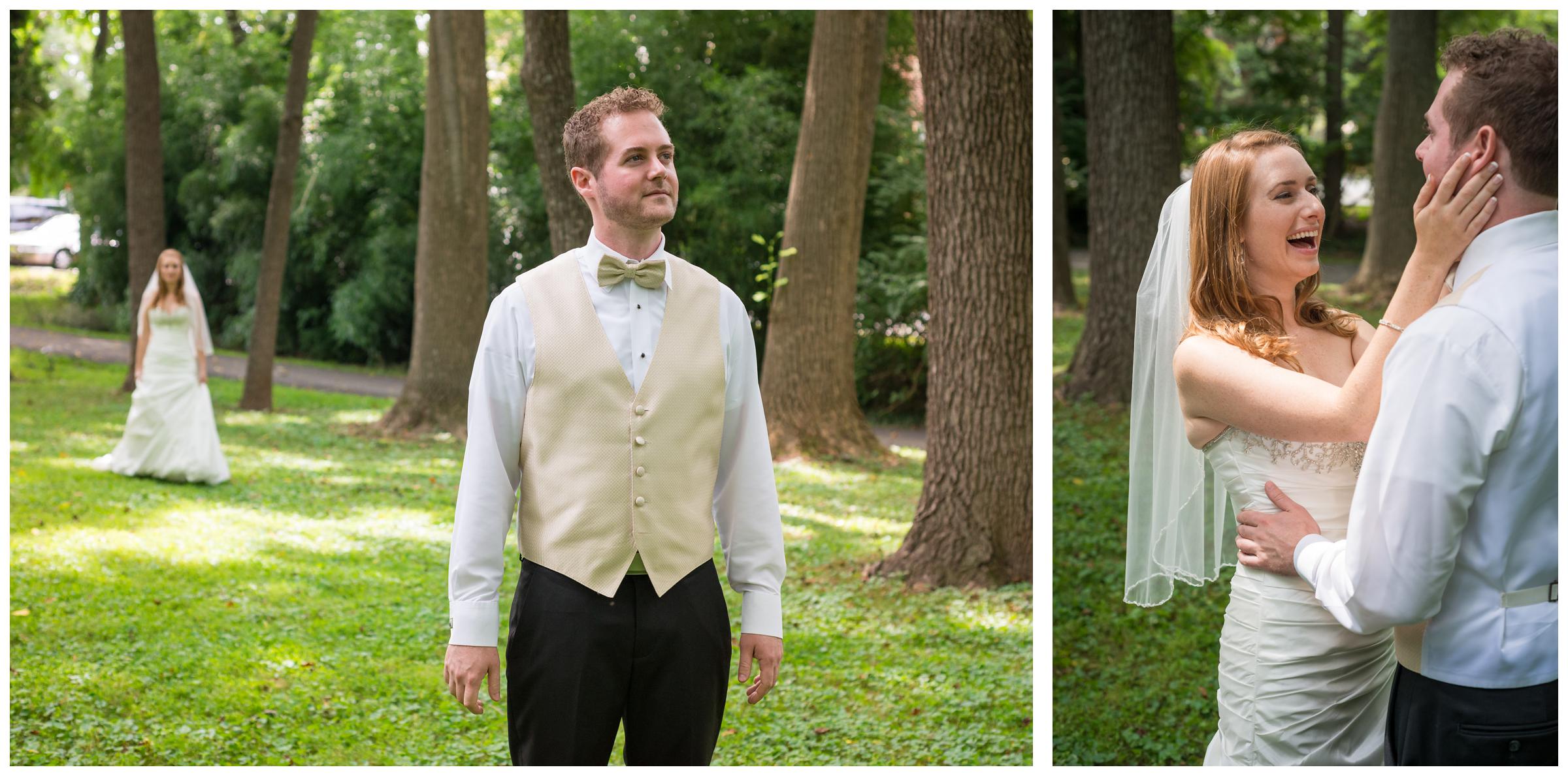 bride and groom doing first look on wedding day