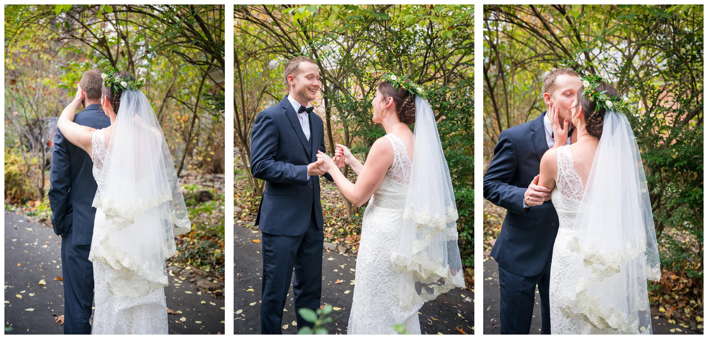 bride and groom doing first look on wedding day