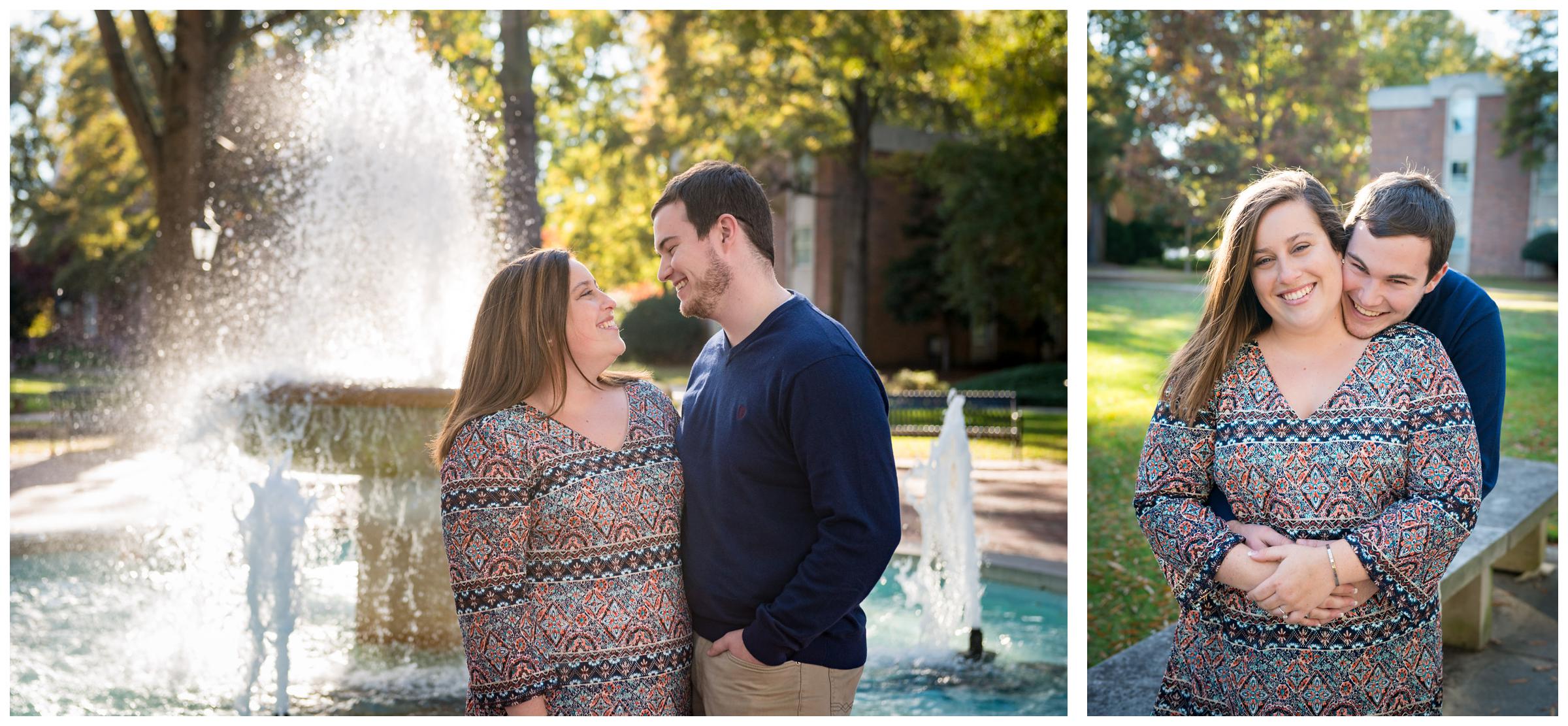 Engaged couple near fountain on Randolph-Macon campus in Ashland, Virginia.